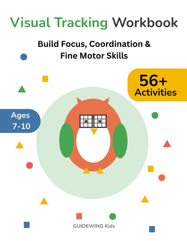 Cover of the Visual Tracking Workbook for kids ages 7 to 10 by GUIDEWING Kids