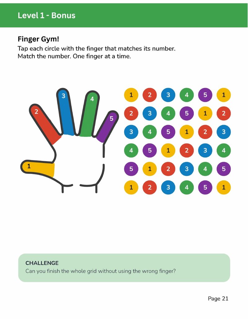 Finger gym bonus game page for kids