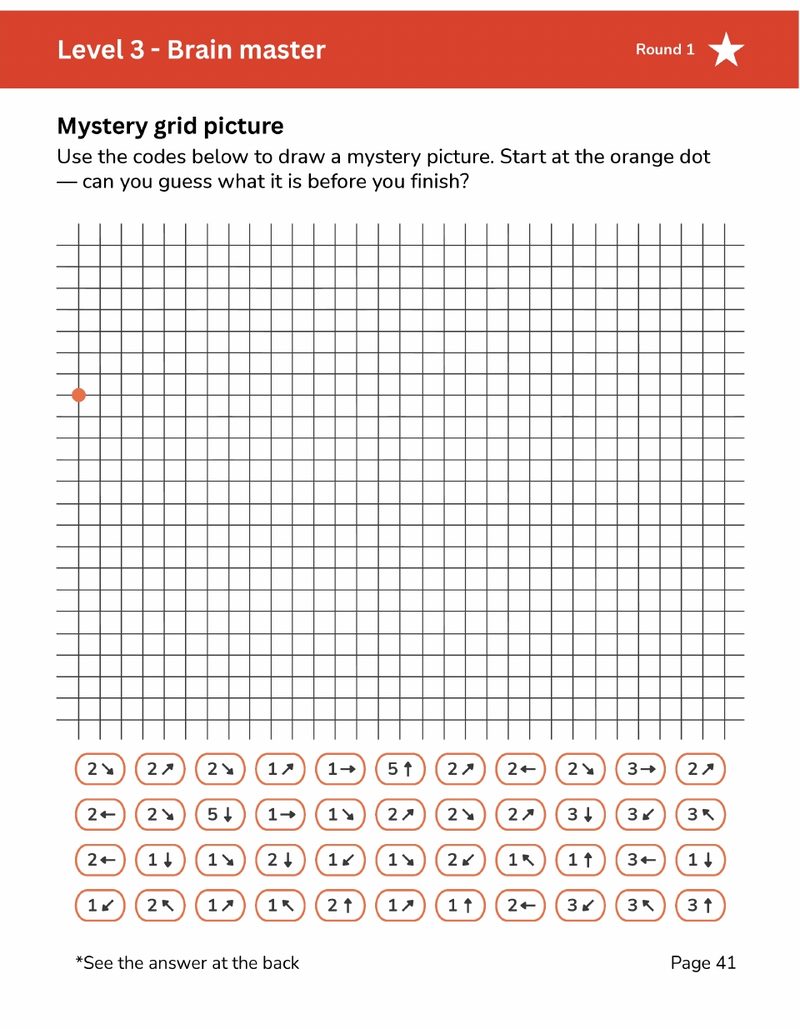 Mystery grid drawing page with arrow codes for kids