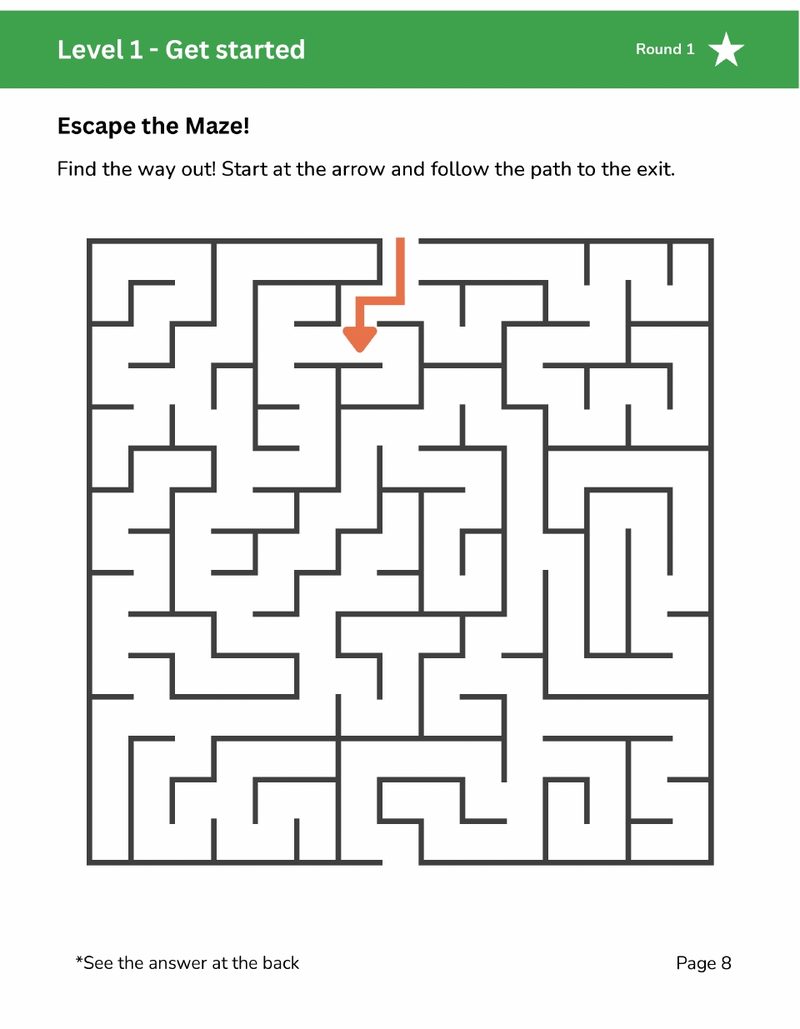 Maze page from the Visual Tracking Workbook for kids